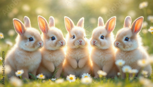 Obraz na płótnie A group of adorable fluffy baby rabbits sitting in a meadow filled with daisies, bright and warm lighting, soft and natural color palette, dreamy and cute aesthetic w salonie