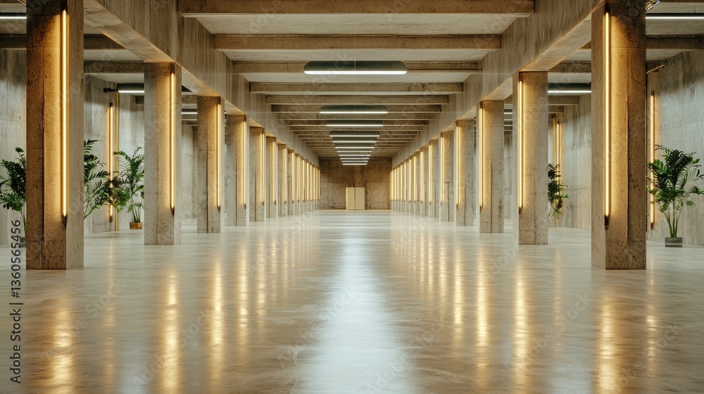 Fototapeta premium Large minimalistic parking basement with smooth concrete floors and dramatic lighting.