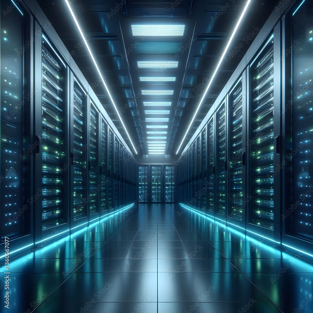 Fototapeta premium Realistic digital illustration of a modern data center, illuminated by blue and neon lights, showcasing server racks and advanced cooling systems. AI-generated artwork, no people present.