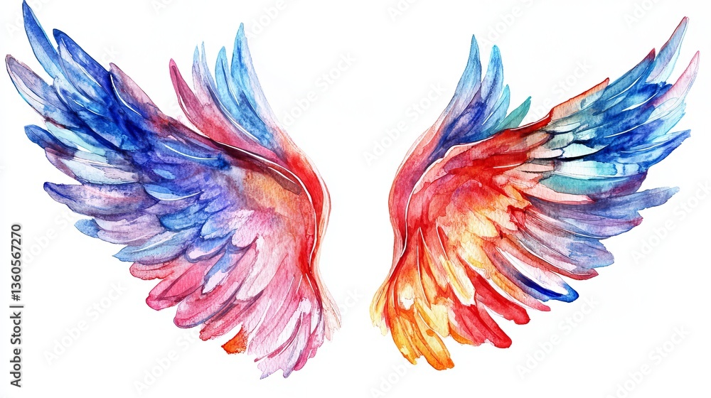 Obraz premium Vibrant Watercolor Wings Artistic Bird Feathers Colorful Design Fantasy Illustration Red Blue Pink Orange Yellow Gradient Paint Strokes Artistic Wings