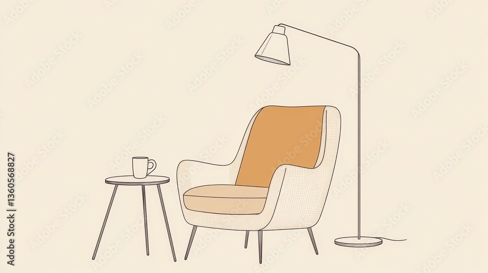Fototapeta premium A simple line drawing shows a comfy armchair, a small table with a cup, and a floor lamp. It's a Scandinavian-style illustration.