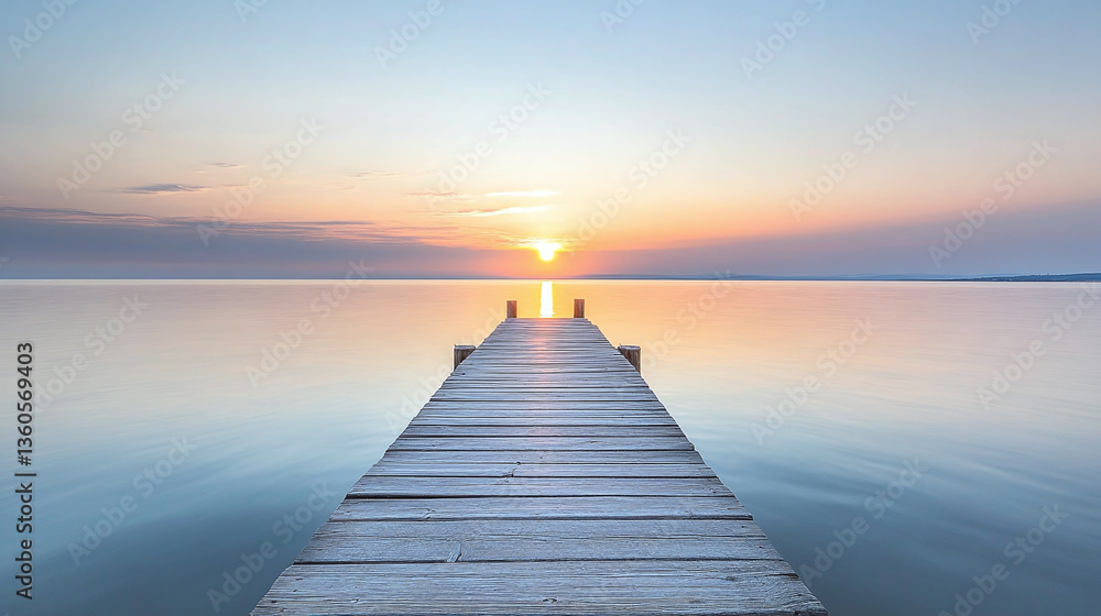 Obraz premium Serene Wooden Pier Leading to a Stunning Sunrise Over Calm Ocean Waters – A Peaceful and Scenic Coastal View with Soft Pastel Hues