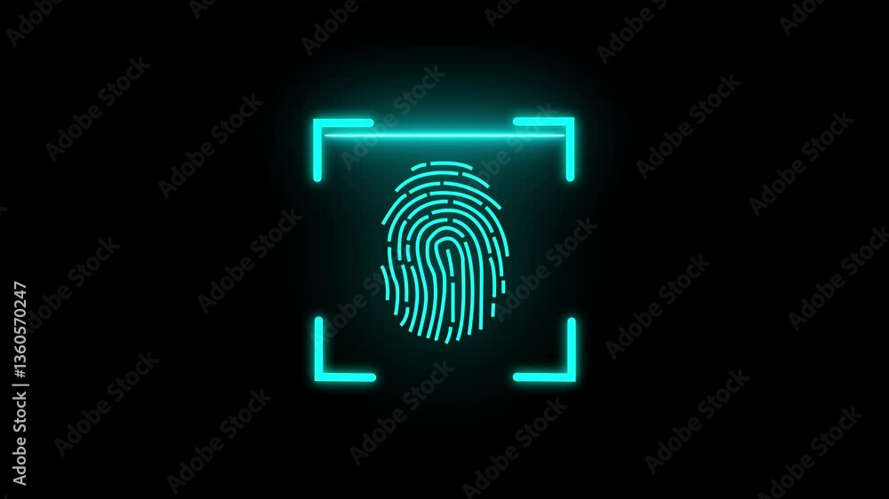 Biometric identification fingerprint scanner animation, fingerprint biometric scanning on black background.
