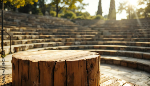 A rustic wooden stump stage in a sun-drenched ancient amphitheater, promising a magical outdoor performance under warm golden light.