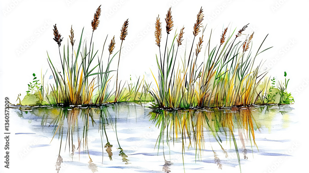 Naklejka premium Watercolor painting of wetland grasses and reeds with a reflection on the water