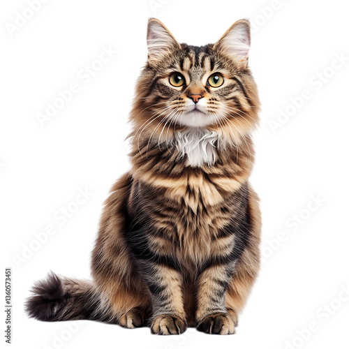Fluffy Tabby Cat Sitting Gracefully Isolated on Transparent Background