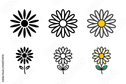 Daisy flower icon set in glyph, line, and color styles representing purity, innocence, and cheerful bloom