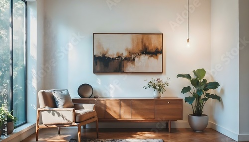 Vignette of a vintage wooden credenza with an abstract a painting hanging on the wall above with a floral arrangement in a rustic hand thrown vase