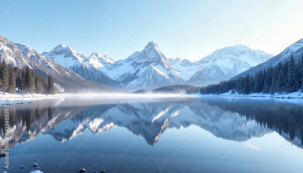 custom made wallpaper toronto digitalSnowy mountain landscape reflecting in calm lake, winter serenity, water reflection