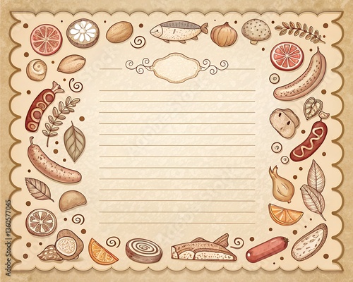vintage recipe card template with decorative hand drawn fish bread vegetables fruits culinary sketch background
