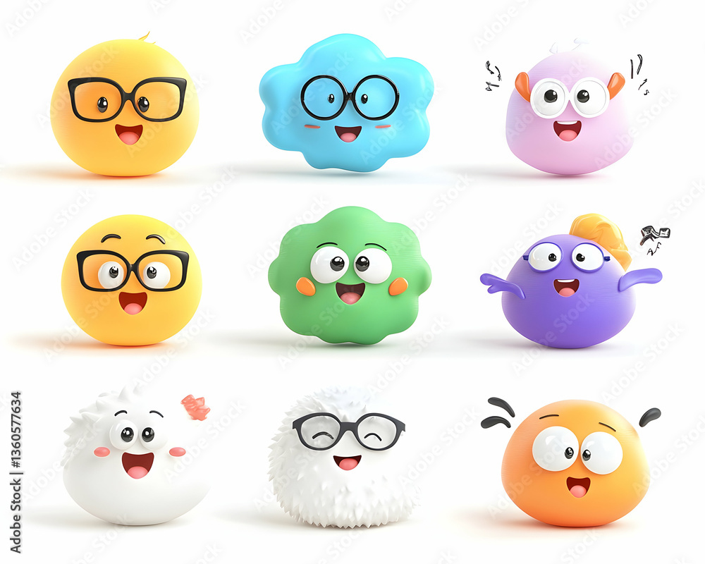 Obraz premium Nine cheerful 3D cartoon characters on white