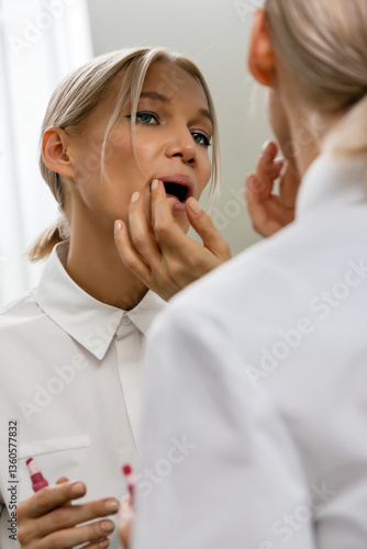 Fényképezés young woman with blonde hair standing in front of mirror and holding bottle of l
