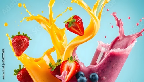Mixed fruit smoothies blending in mid-air, with streams of mango, strawberry, and blueberry juice intertwining gracefully.