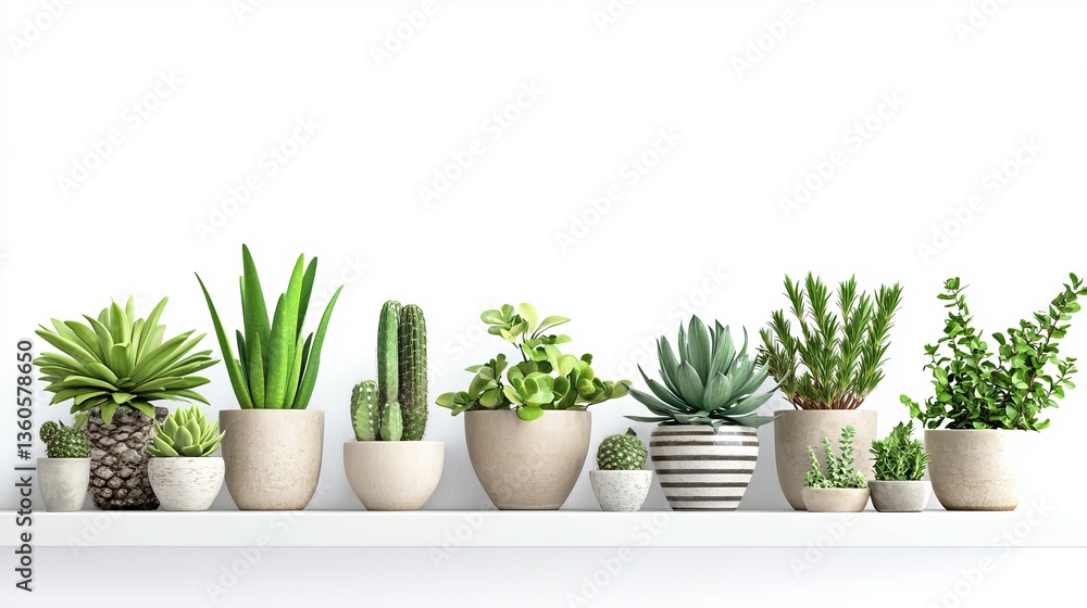 Fototapeta premium Beautiful Green Succulents and Cacti in Stylish Pots Home Decor Modern Minimalist Plant Arrangement Indoor Plants Collection for Interior Design White