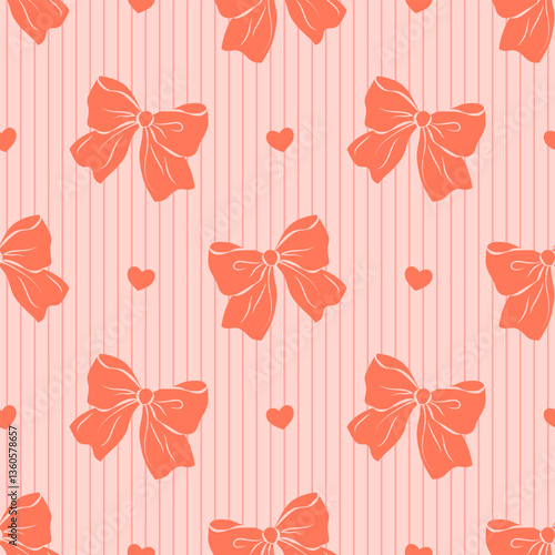 seamless pattern with cute red bow on pink background. Hand drawn vector illustration. Perfect for wedding design, party decoration, wrapping paper and textile
