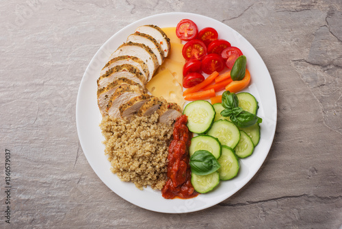 Harvard plate with chicken, quinoa, greens, cucumbers, cheese, tomato on dark table. Balanced Harvard dinner plate.