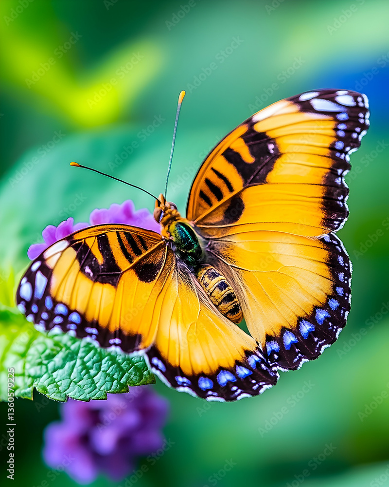 Fototapeta premium Orange butterfly perched on purple flower in garden