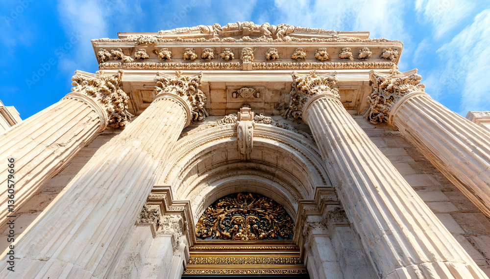 Fototapeta premium Ornate building facade, columns, arch, city, sunny sky