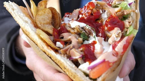 Wallpaper Mural A man appetizingly holds kebab in a bread pita filled with chicken, vegetables and fried potato rings Torontodigital.ca