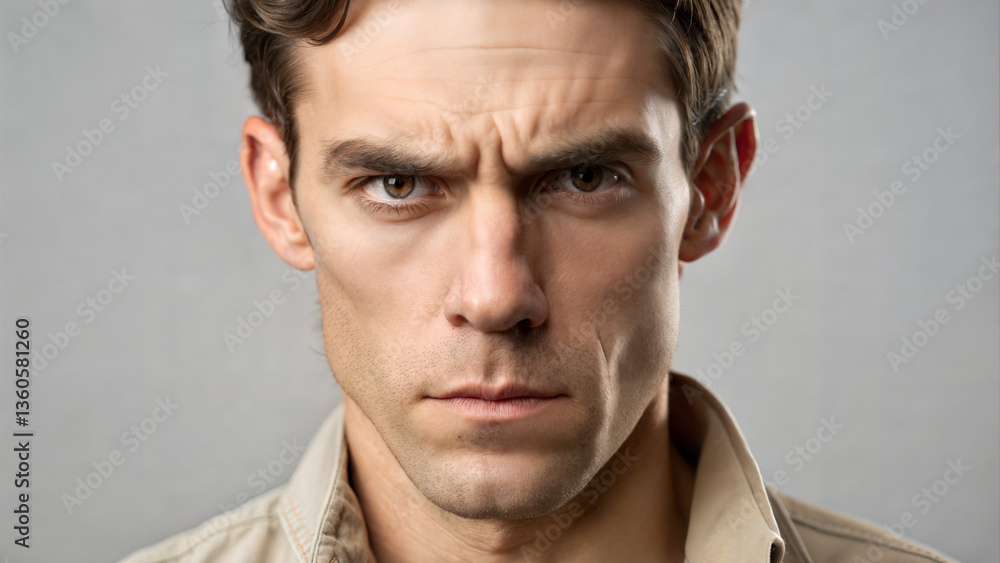 Fototapeta premium Serious man with intense expression against neutral background