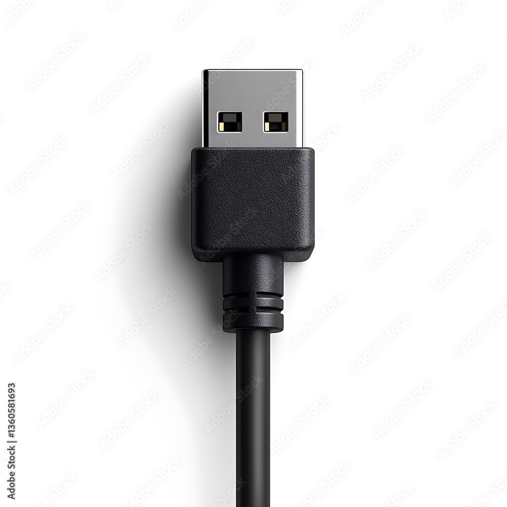 A close up image of a black USB connector cable