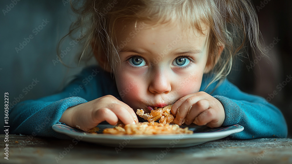 Naklejka premium Child eating food from plate
