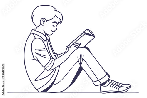 Relaxing Boy Reading Book on the Floor Vector Art