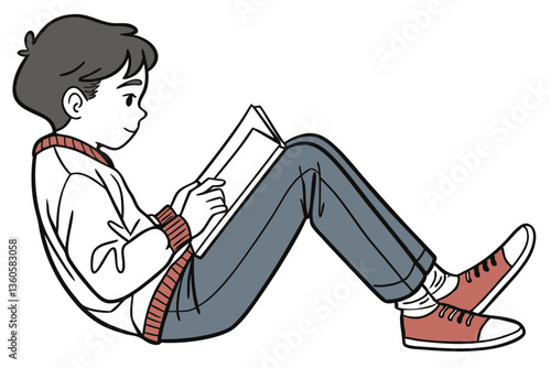 Boy Reading a Book Sitting on the Floor