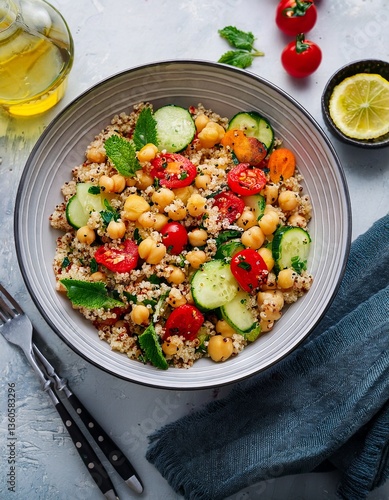 A vibrant chickpea quinoa salad with crisp veggies, fresh herbs, and a zesty lemon-garlic dressing. Light, nutritious, and flavorful—perfect as a meal or side dish for any occasion!