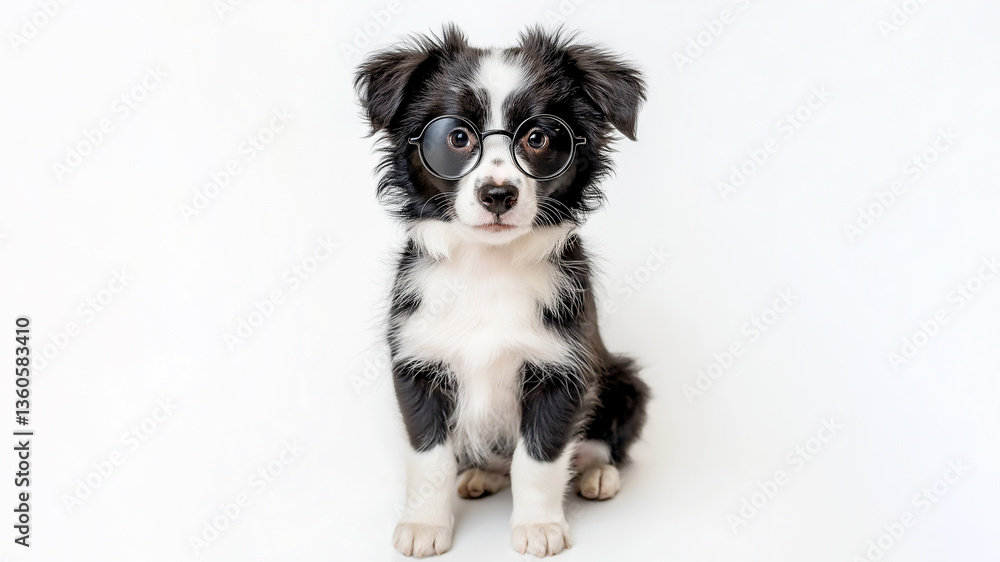 Border collie puppy in glasses looking at the frame on a white background Border collie puppy in glasses looking at the frame on a white background