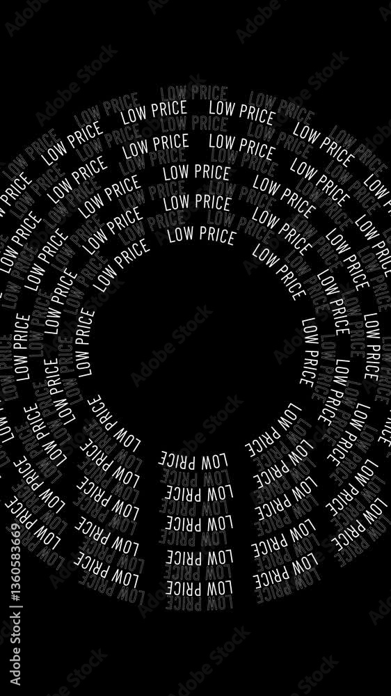 Rotating concentric circles formed by the repeated phrase 'LOW PRICE ...