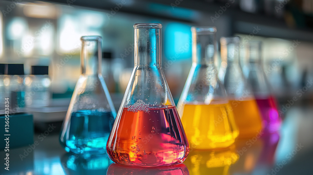Colorful chemical reactions bubbling in erlenmeyer flasks within a modern laboratory, highlighting advanced equipment and the excitement of scientific discovery Colorful chemical reactions bubbling in erlenmeyer flasks within a modern laboratory, highlighting advanced equipment and the excitement of scientific discovery