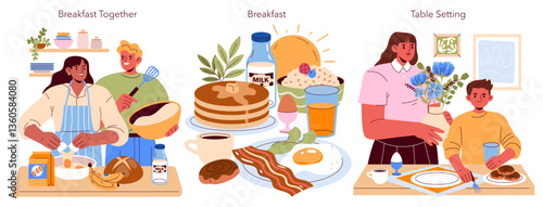 Family Breakfast. Flat Vector Illustration