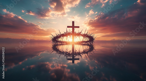 Crown of thorns, reflection in water with sky and clouds, silhouette of a cross on top of the crown, sunrise background. Easter concept with a holy scene