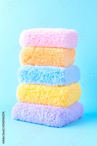 Pastel Fluffy Towels Stacked on Blue Background