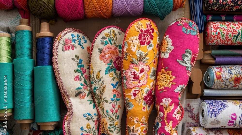 Fototapeta premium A beautifully arranged display of decorative hand-sewn oven mitts with floral stitching patterns