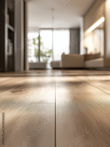 Laminate flooring, in light shades of wood, is in the centre of attention, with blurred interior elements in light shades in the background