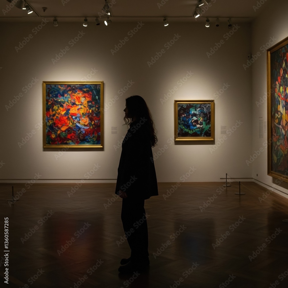 Obraz premium Art Gallery Visit: Engaging with Abstract Paintings on a Museum Wall, Illuminated by Spotlights