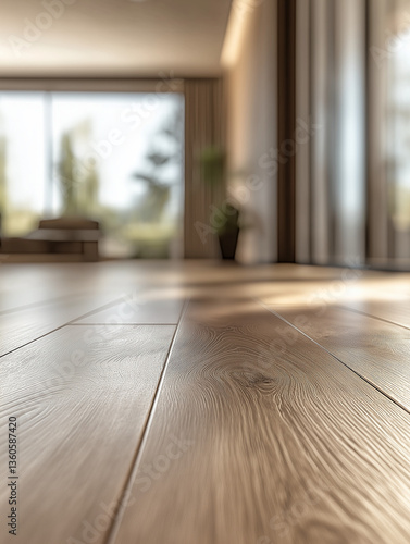 Laminate flooring, in light shades of wood, is in the centre of attention, with blurred interior elements in light shades in the background
