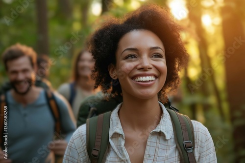 Young African female adult smiling while hiking with friends in a sunlit forest during golden hour