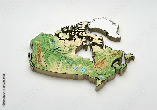 3D topographic map of Canada with elevation details and geographic relief