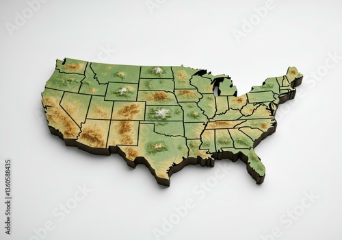 3D topographic map of the United States with state borders and elevation details