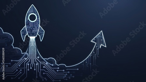 Visionary Ascent: A graphic depiction of a rocket soaring towards the stars, its path artfully illustrated with circuit patterns. this image symbolizes growth, innovation.