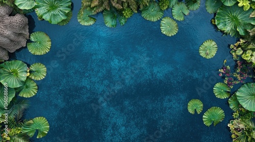 Tropical pond top view, lush greenery, still water