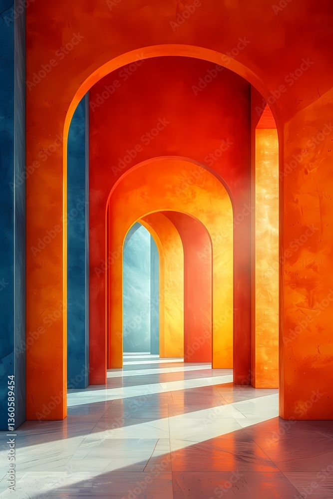Fototapeta premium Archway Corridor with Orange and Blue Walls and Light Reflections