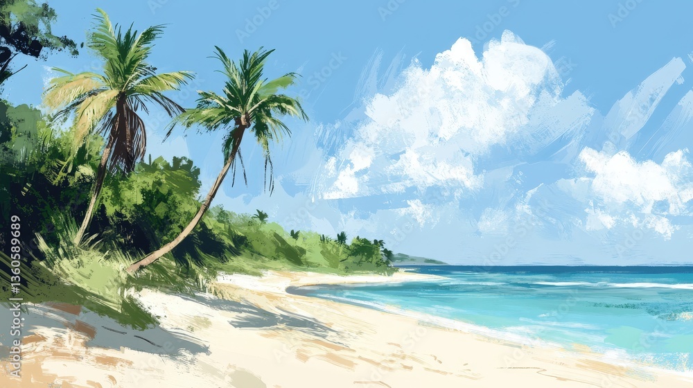 Fototapeta premium Tropical beach scene showing palm trees sand and ocean waves