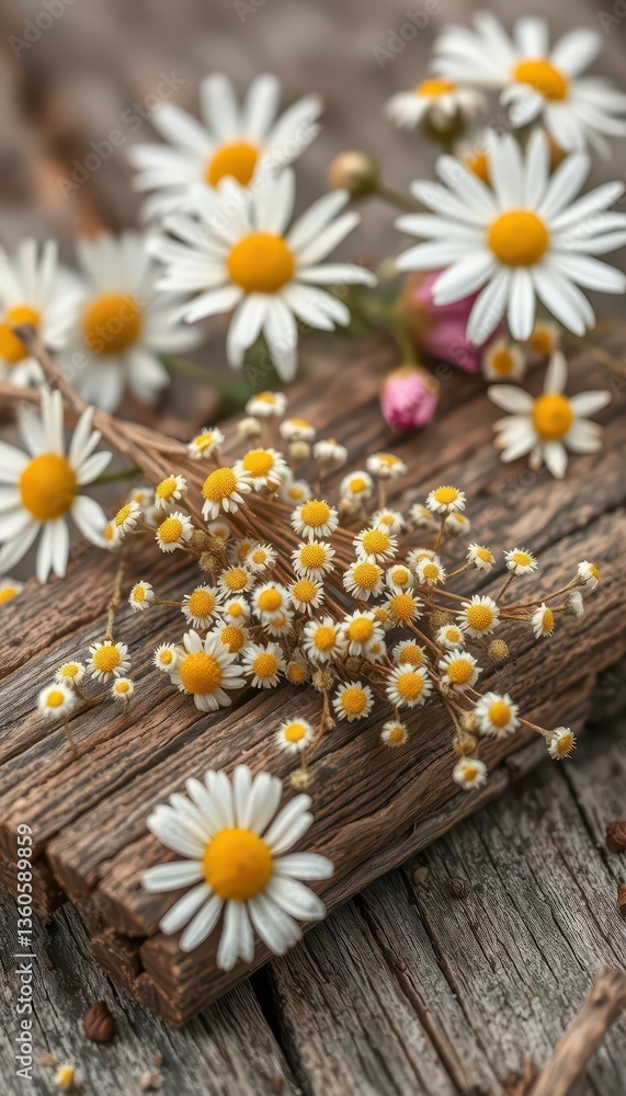 Obraz premium Delicate dried chamomile sprigs rest on rustic wood, surrounded by blooming flowers, dried flowers, floral, botanical