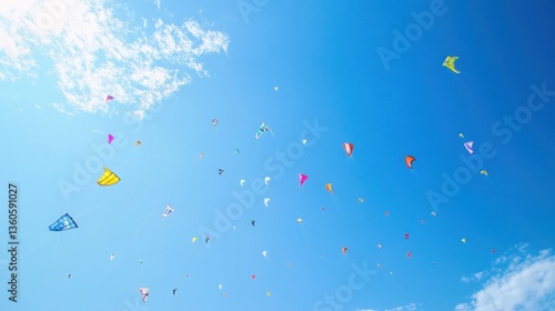 Colorful kites soaring in a clear blue sky