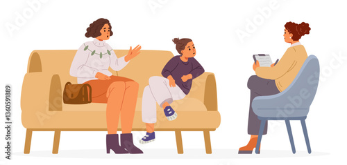 Mother with teenage daughter during psychological therapy session flat vector illustration isolated on white. Woman child psychologist with patients.