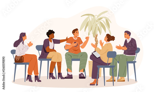 Man sharing his success in group therapy session flat vector illustration. People supporting and congratulating member of the group.